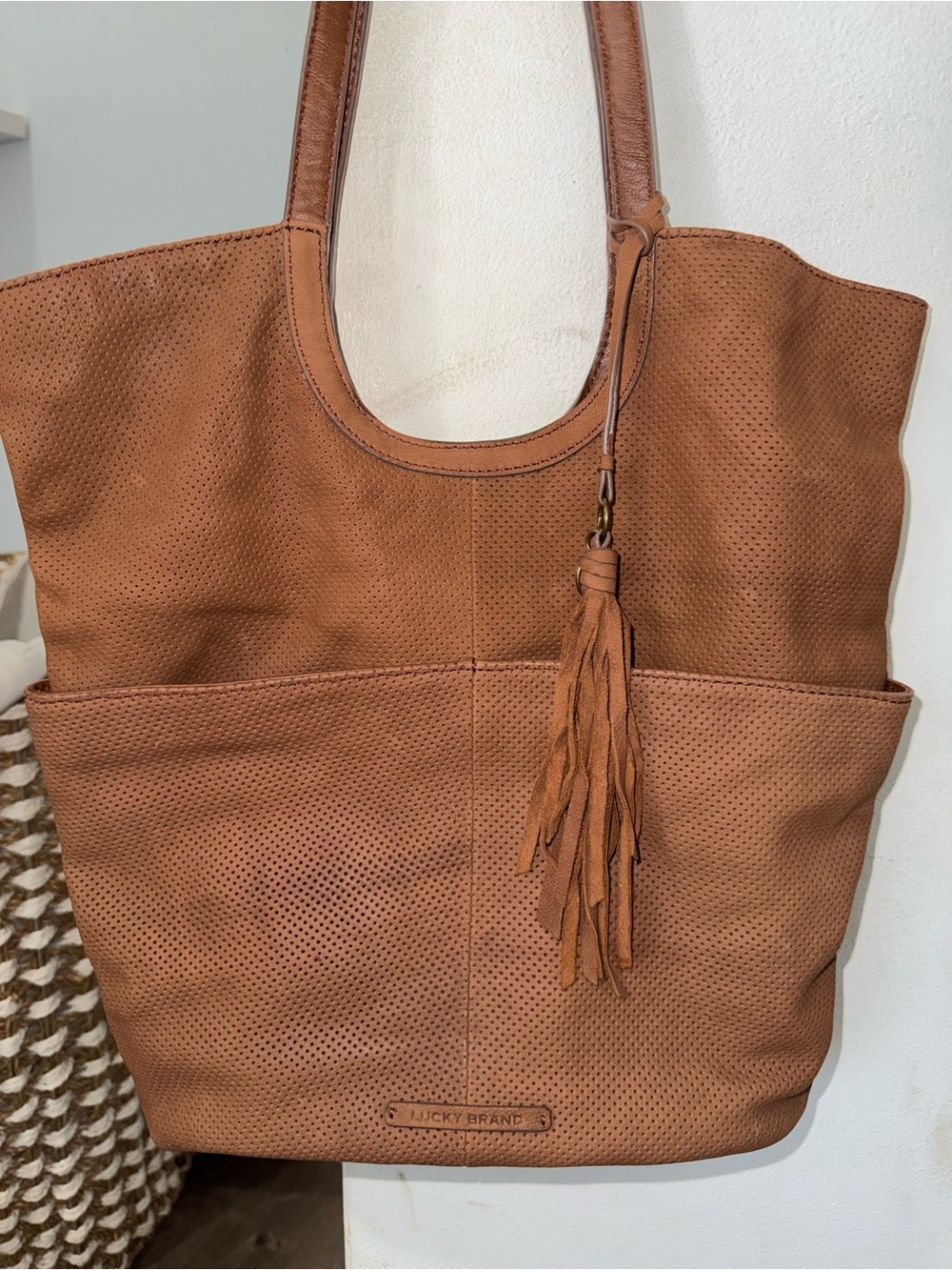 Lucky Brand Cognac Perforated Leather Shoulder Tote with Tassel